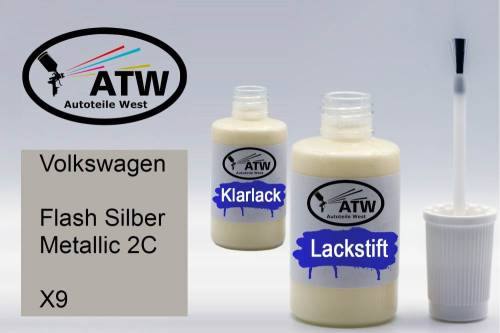 Volkswagen, Flash Silber Metallic 2C, X9: 20ml Lackstift + 20ml Klarlack - Set, von ATW Autoteile West.